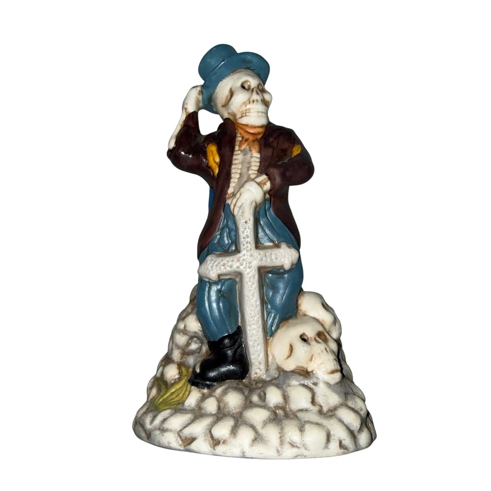 Bisque Skeleton Figurine Vintage Top Hat Halloween Cross Skulls Cat 7"
